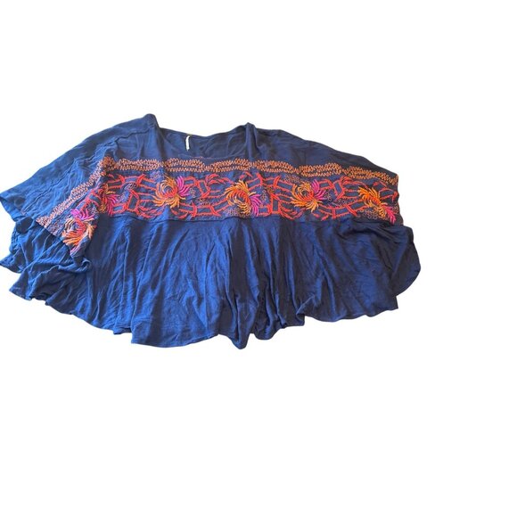 Free People Womens Large Blue Embroidered Linen Blend Top Love Letter Boho - Picture 1 of 7